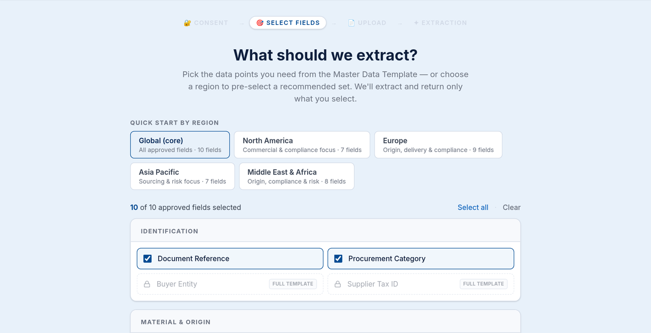 Choosing which fields to extract from the master data template